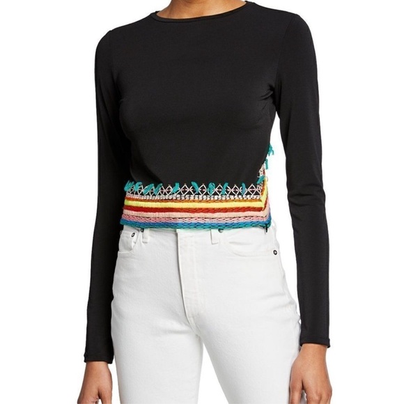 #83- Alice + Olivia Delaina Embroidered Cropped Top Black/ Multi Sz L - Picture 1 of 7